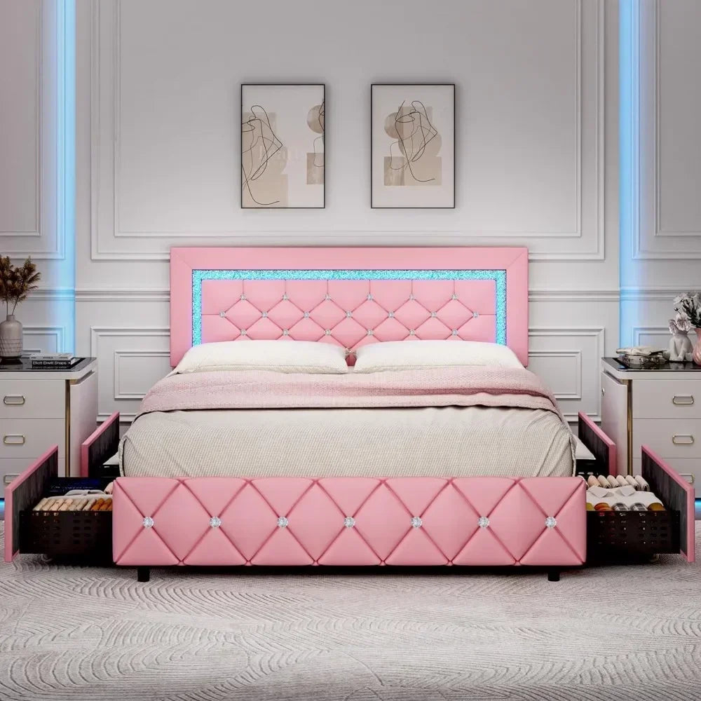 Full Size Bed Frame/LED/Drawers, Princess Platform Bed/Diamond Headboard and Footboard, Upholstered