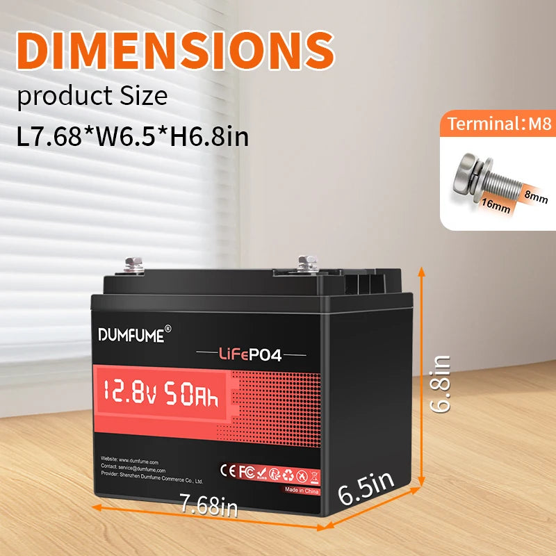 Dumfume 12.8V 50Ah LiFePO4 Lithium Battery 50A BMS 640W Rechargeable Grade A+ Cells