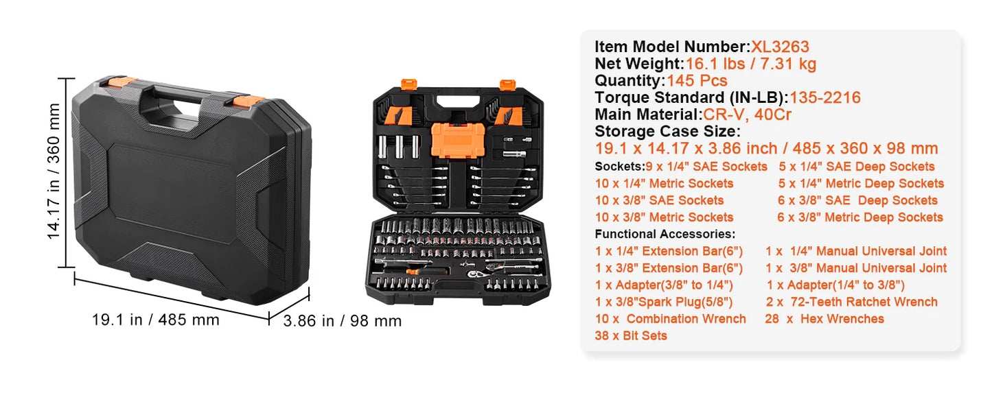 SucceBuy Mechanics Tool Set and Socket Set Deep and Standard Sockets 145/205 Pcs SAE and Metric