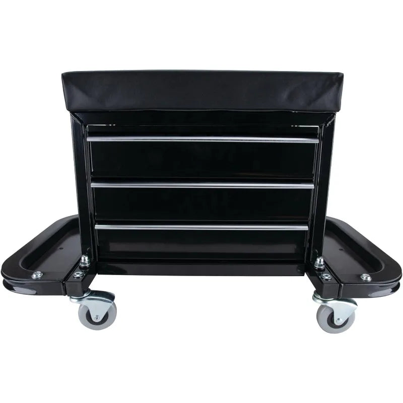 home. W85025 3-Drawer Rolling Tool Chest Seat With Magnetic Side Trays, Black