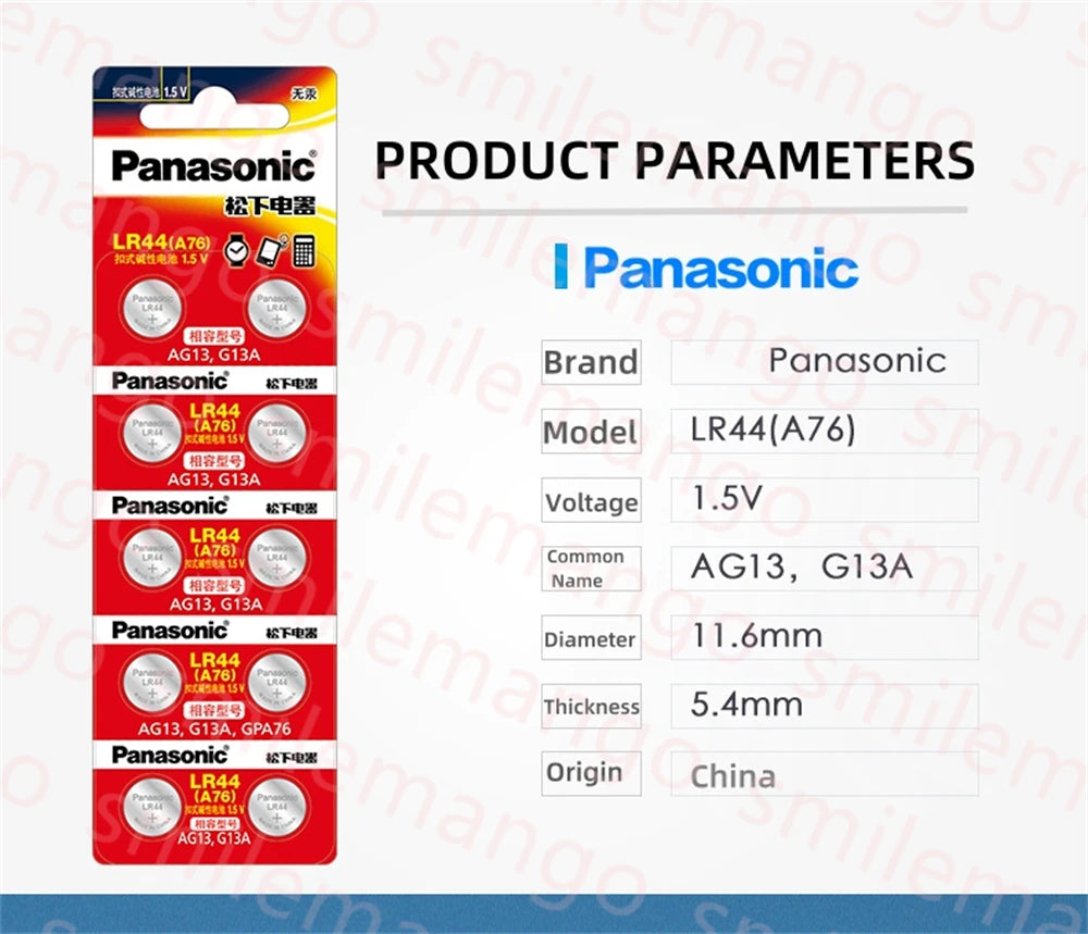 Panasonic 10-100PCS Alkaline Battery LR44 A76 AG13 LR1154 SR44 GP76 1.5V