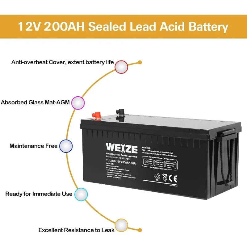 WEIZE 12 Volt 200Ah Deep Cycle AGM Battery, 3% Self-Discharge Rate, 2000A Max Discharge Current