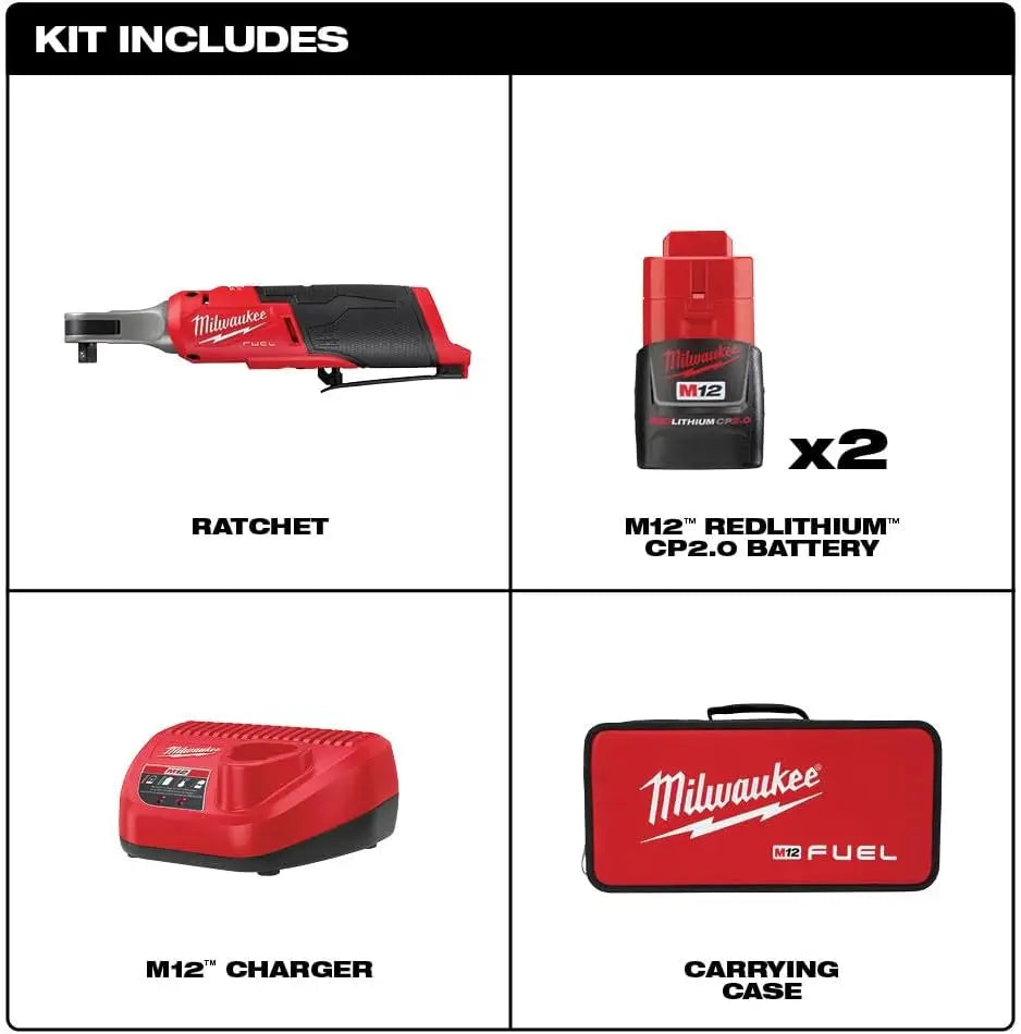 Milwaukee M12 FUEL 12-Volt Lithium-Ion High Speed 3/8 in. Ratchet Kit w/(2) Batteries, Charger & Bag