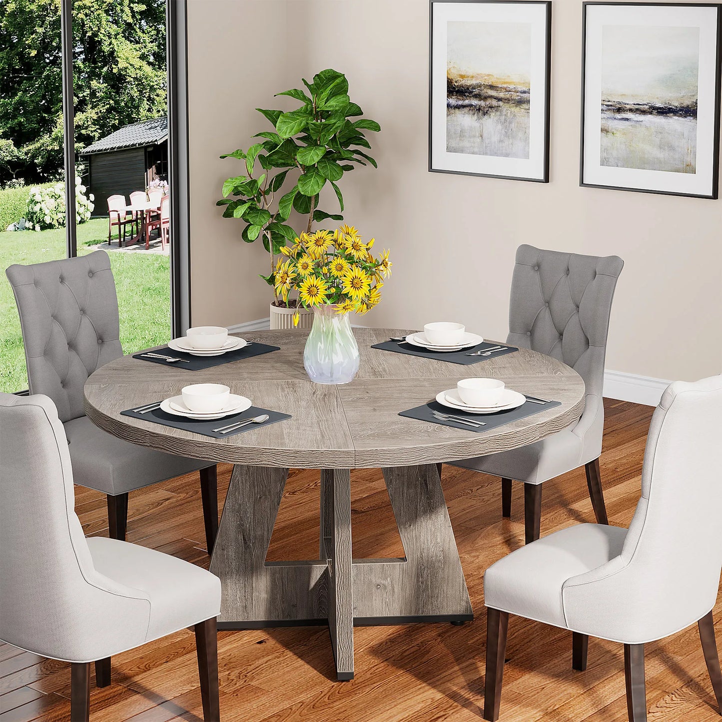 Tribesigns Round Dining Table for 4, 47 Inch Farmhouse Small Dinner Table Kitchen for Dining Room