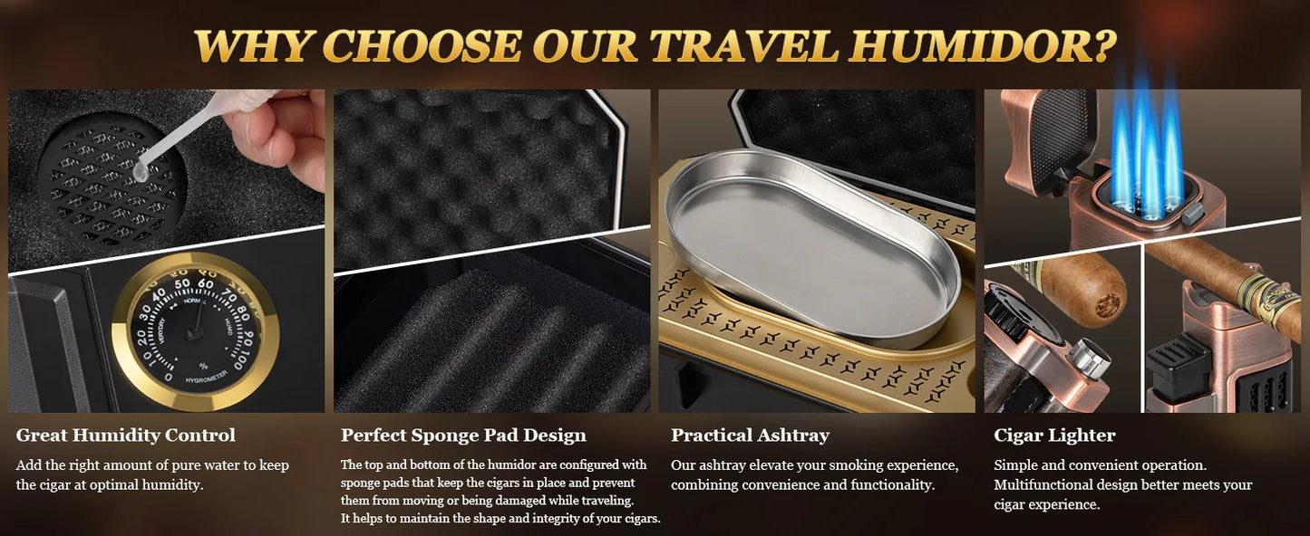 AWOTE Travel Humidor Set w/Torch Lighter, Ashtray, Humidifier & Hygrometer Portable Case Men Gift