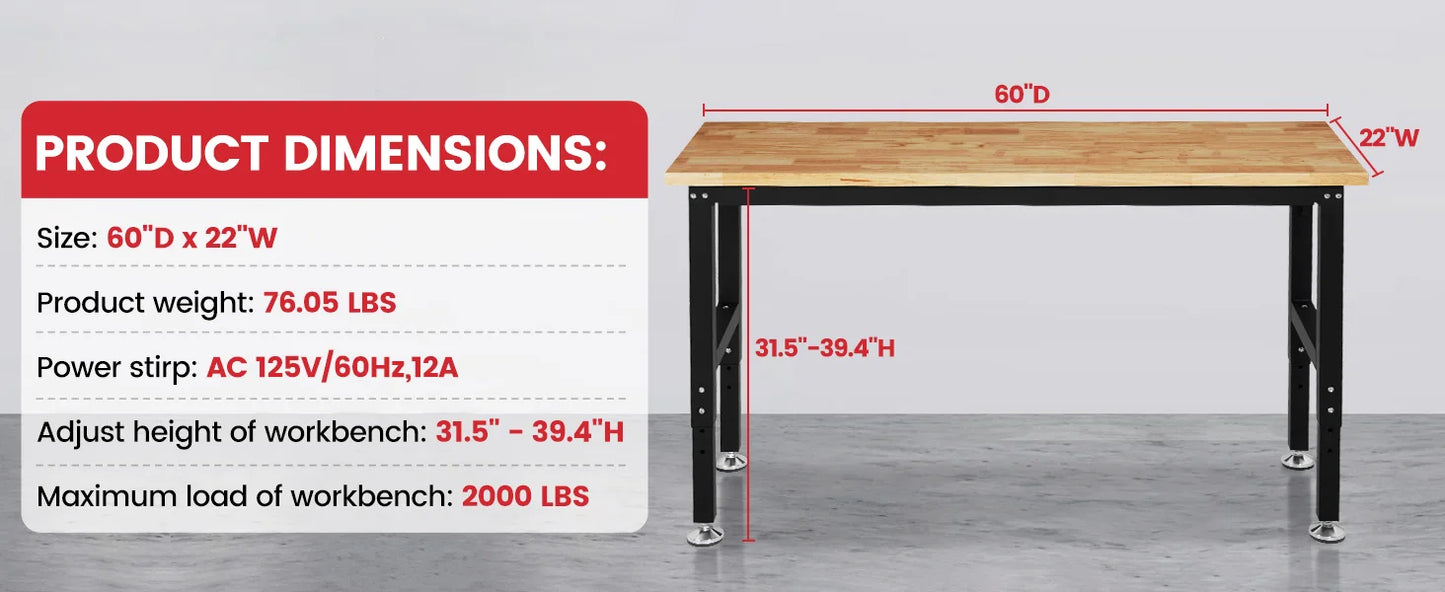 Workbench for Garage Adjustable Height Work Bench with Pegboard Power Outlets Rubber Wood Tabletop