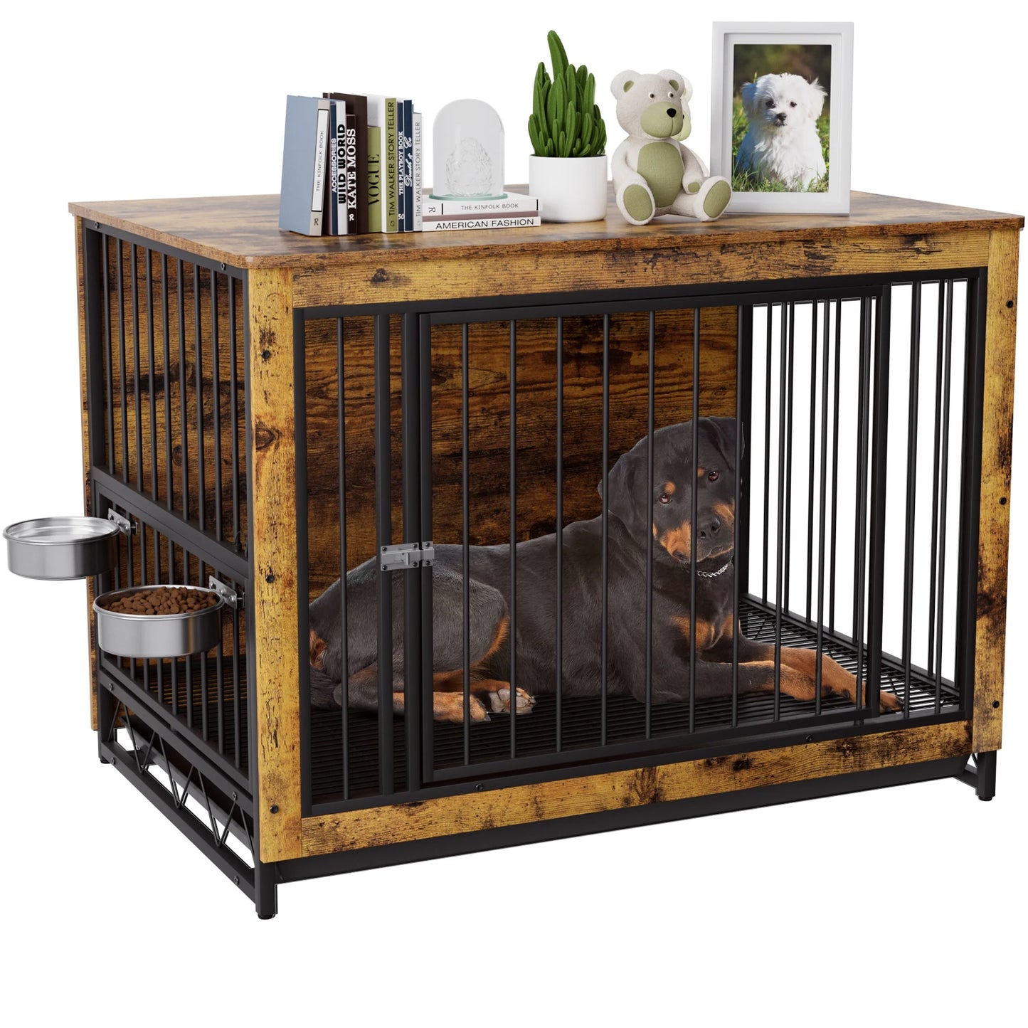 Furniture Style Dog Crate,Wooden Heavy Duty/ Raised Feeder/Dogs 2 Stainless Steel Bowls Brown/Gray