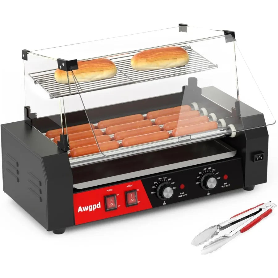 Hot Dog Roller Machine 12 Hot Dog and 5 Non-Stick with Glass Cover Drip Tray