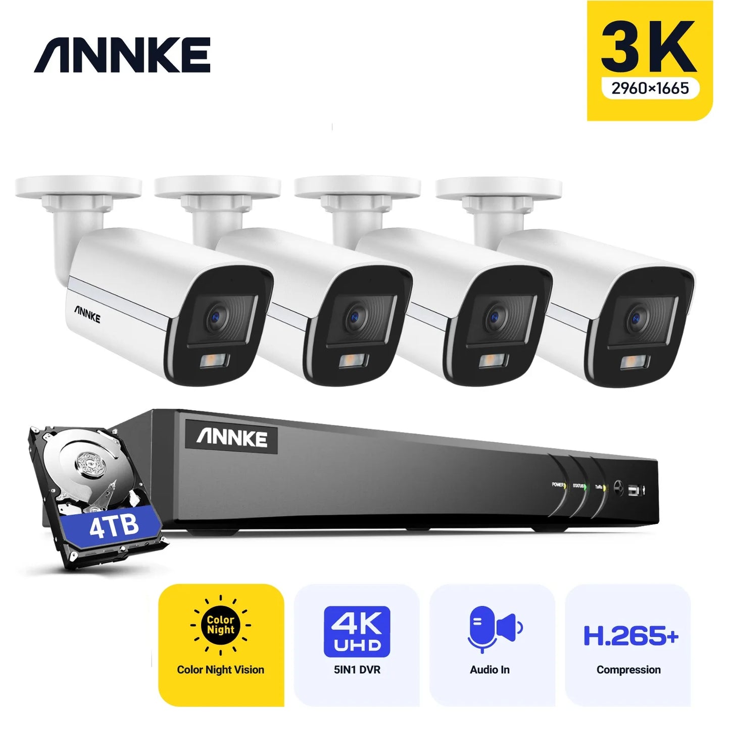 ANNKE 8CH 5MP Video Surveillance 5IN1 DVR/4X 5MP Waterproof Cameras CCTV Kit Color Night Vision
