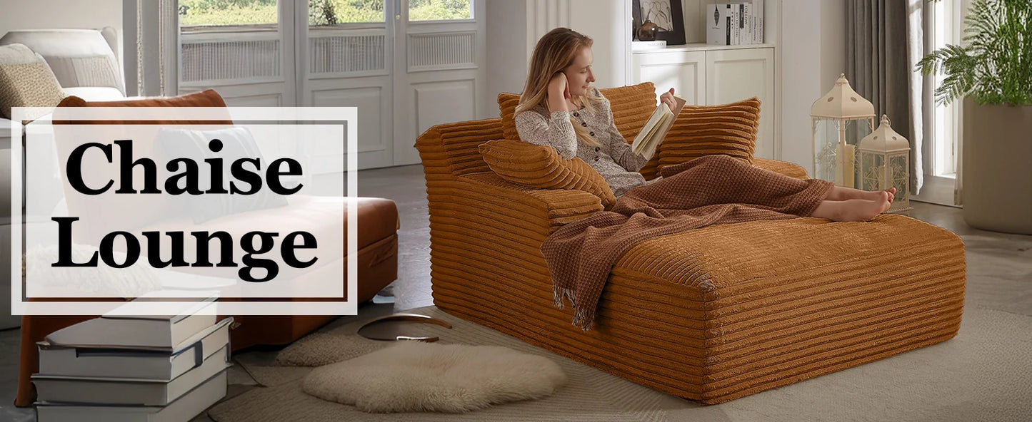 Oversized Chaise Lounge Chair with 3 Comfy Pillows for Living Room Bedroom, Wide Arms Corduroy