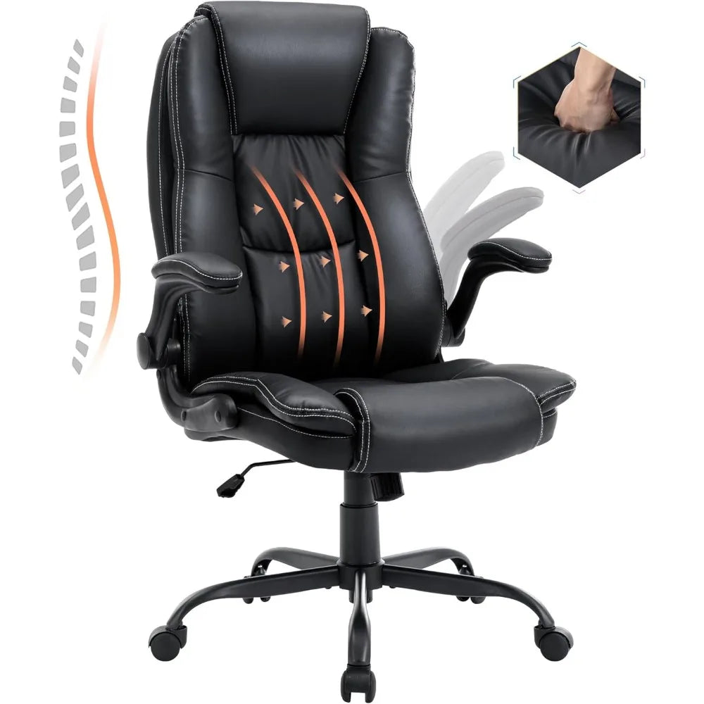 Leather Executive Office Chair, Ergonomic Home Office Desk Chair with Flip-up Arms and Back Support