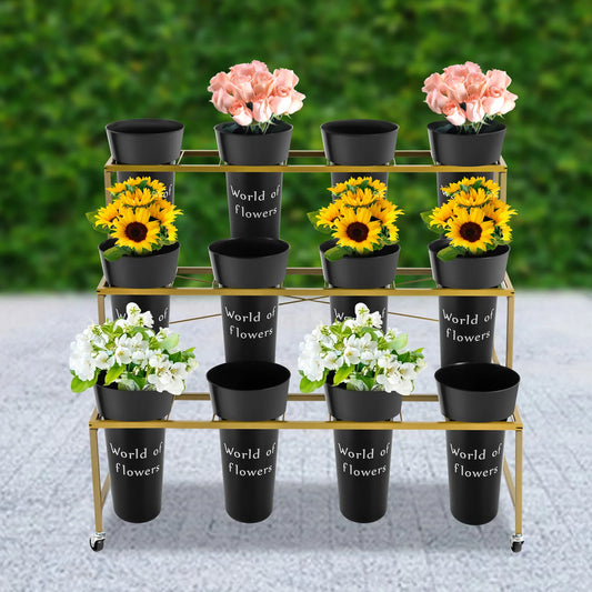 3 Layers Flower Display Stand with 12PCS Black Buckets,Metal Moving Plant Stand w/Wheels Display