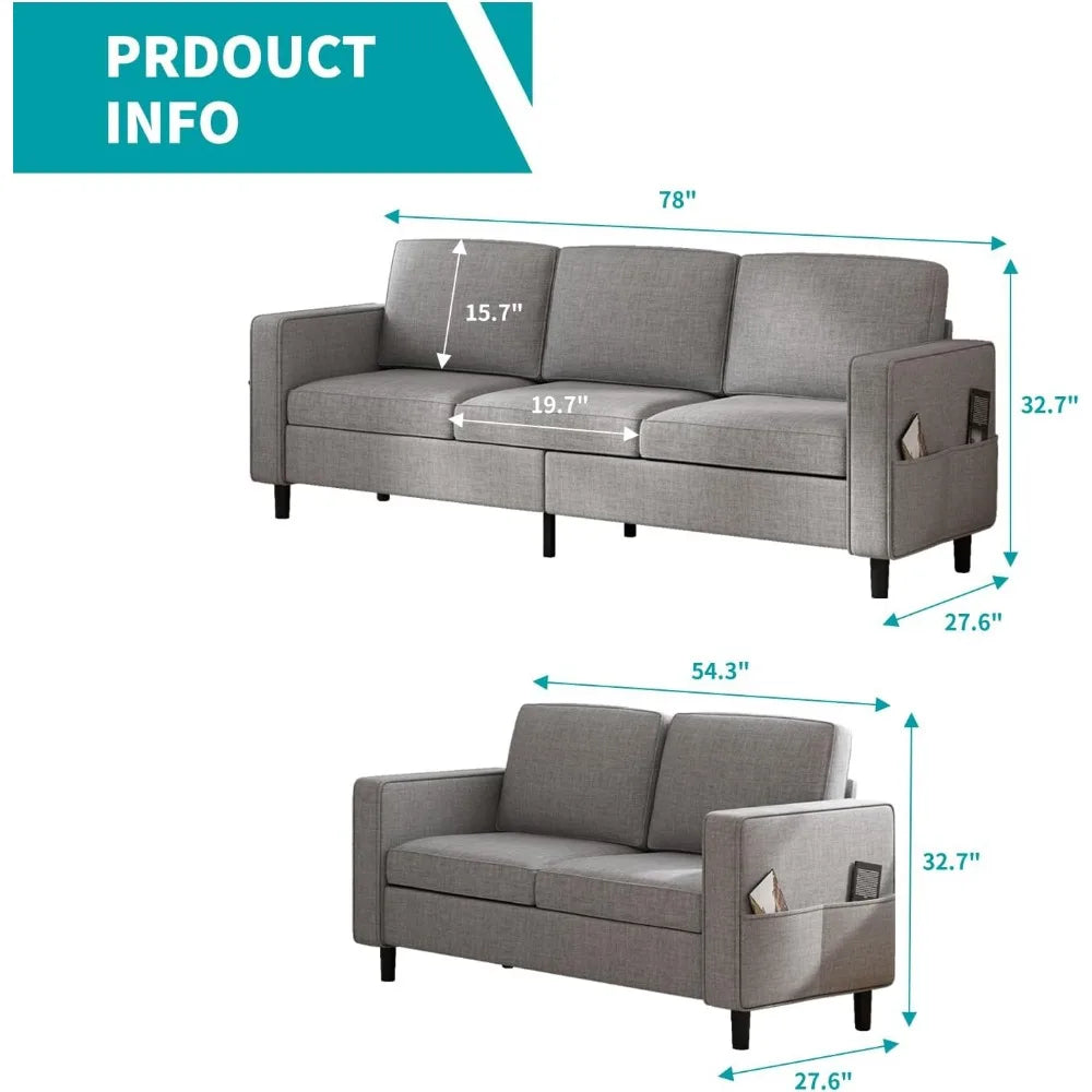 78" W 3 Piece Living Room Couch Set, 3 Seater Sofa Storage Ottoman and Loveseat/L Shaped Sectional