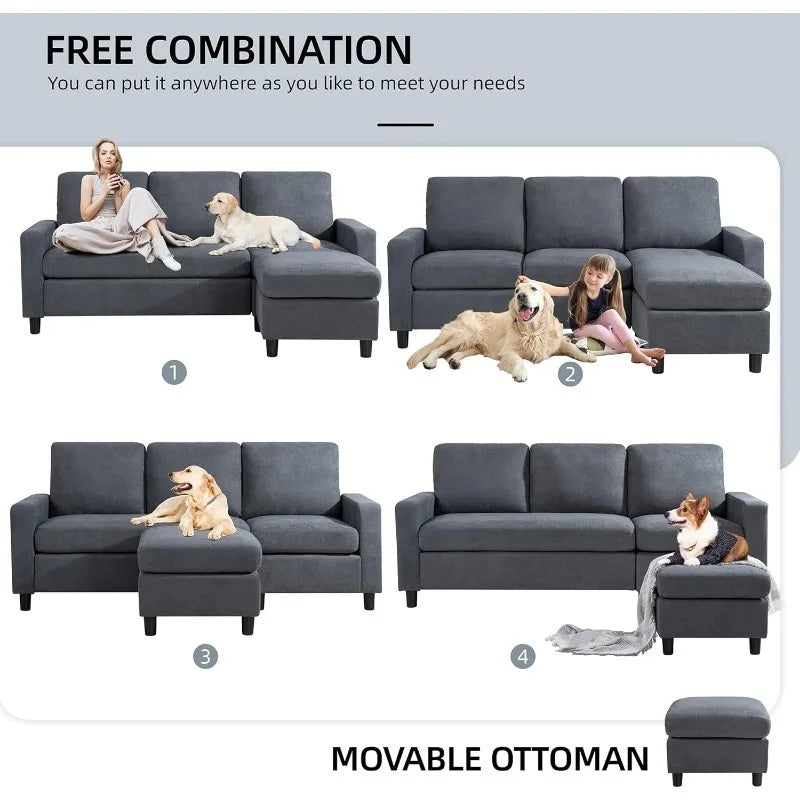 79" Convertible Sectional Sofa Couch, Modern L-Shaped , 3-Seat Sofa Sectional w/ Reversible Chaise