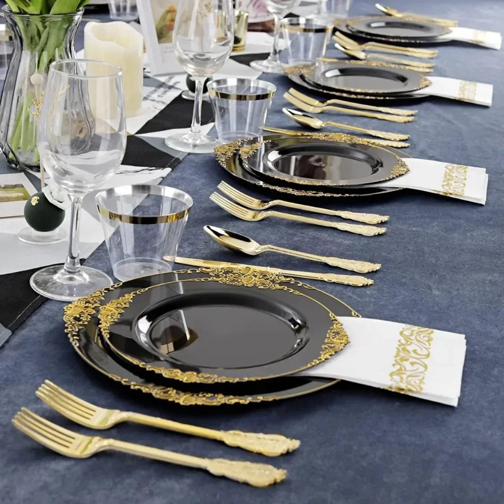 350 pieces of black and gold plastic plates with gold plastic silverware, disposable cutlery for weddings and parties