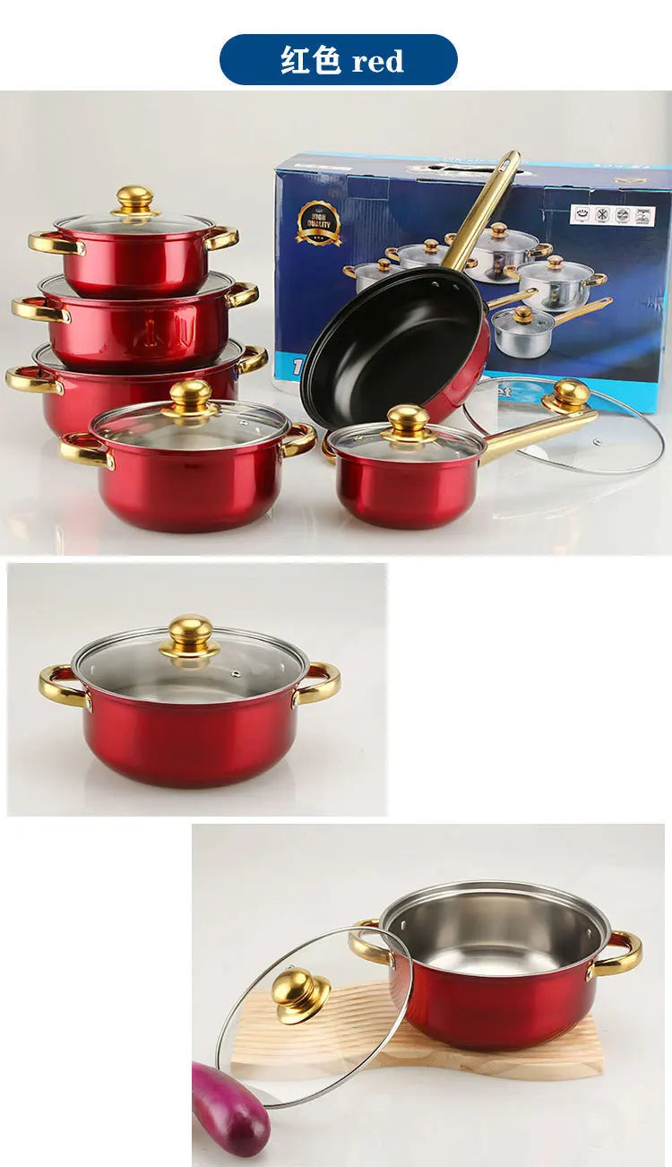 OGMY 12PCS of Stainless Steel Colored Cookware Set Non-stick Pan Gold-plated Handle Soup Pot