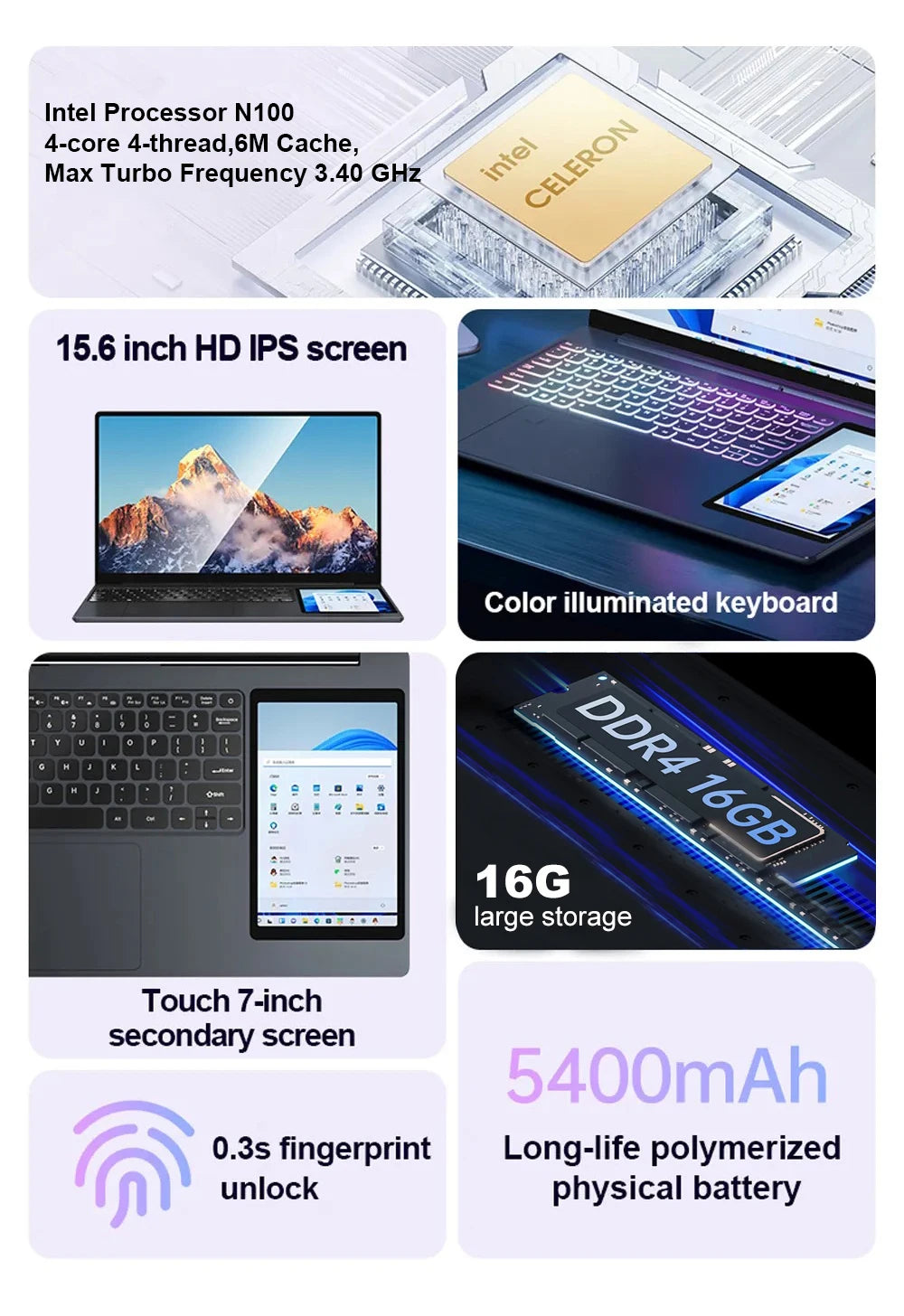 CRELANDER X15 Dual Screen Laptop 15.6" IPS+7" Touch Screen 16G DDR4 2TB SSD Intel N100 Windows11