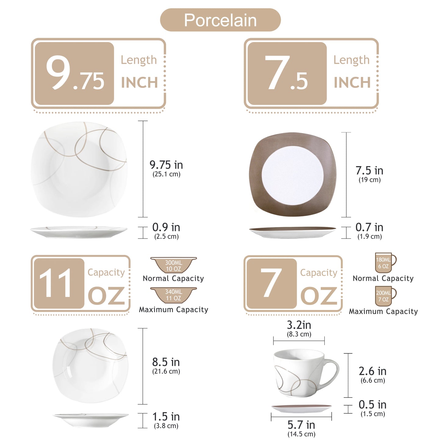 VEWEET 30-Piece Porcelain Ceramic Kitchen Dinner Plate Set with 6pcs each