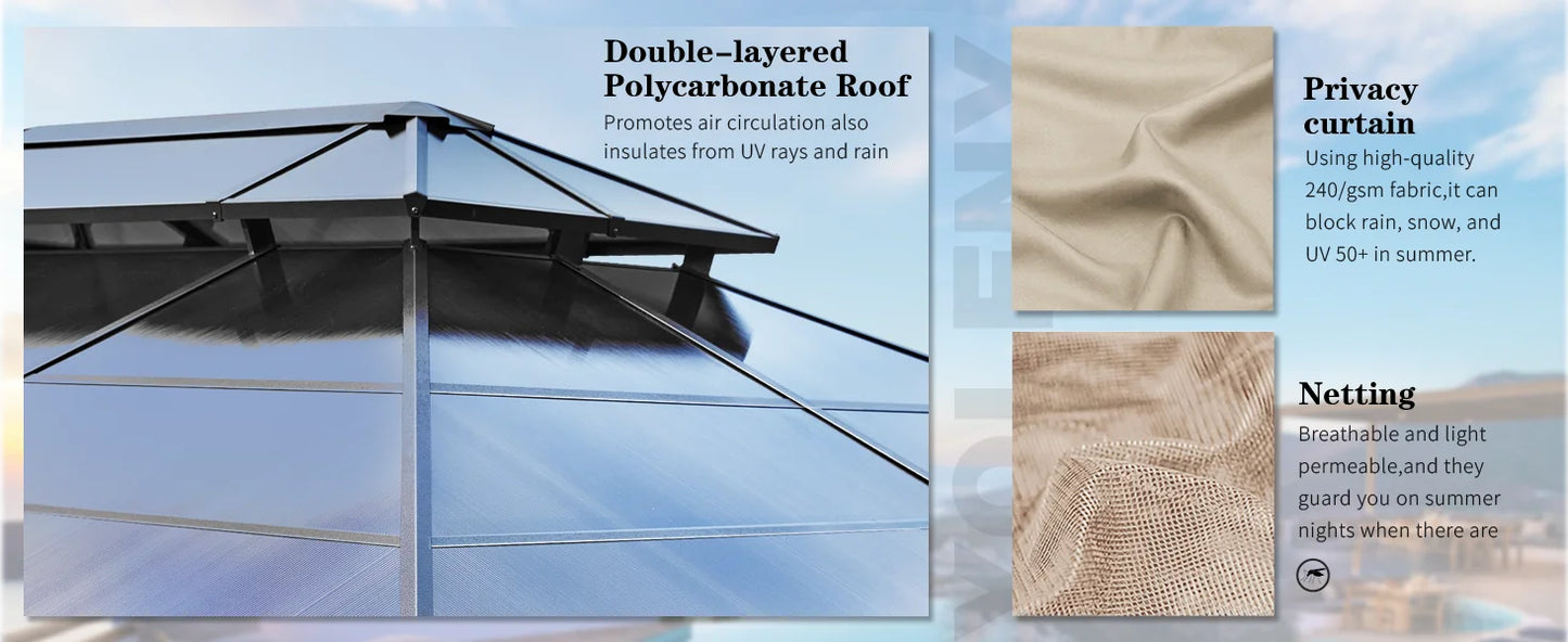 10'x13' Hardtop Gazebo, Outdoor Polycarbonate Double Roof Canopy, Aluminum Frame Permanent Pavilion