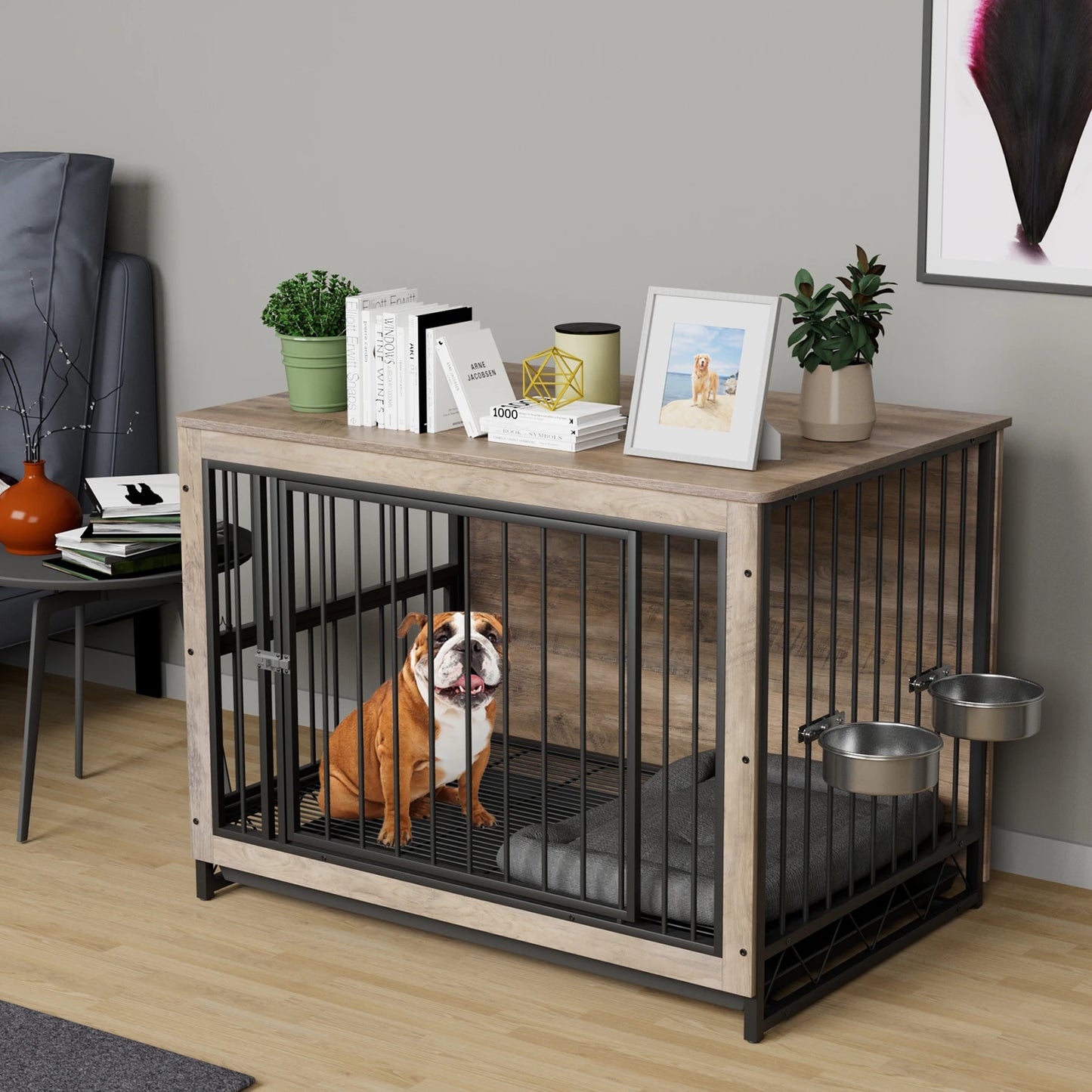 Furniture Style Dog Crate,Wooden Heavy Duty/ Raised Feeder/Dogs 2 Stainless Steel Bowls Brown/Gray