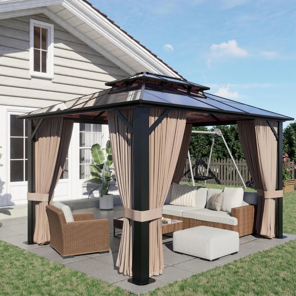 10’x12’ Hardtop Gazebo, Double Roof Patio Pergola with Polycarbonate Panels, Aluminum Frame