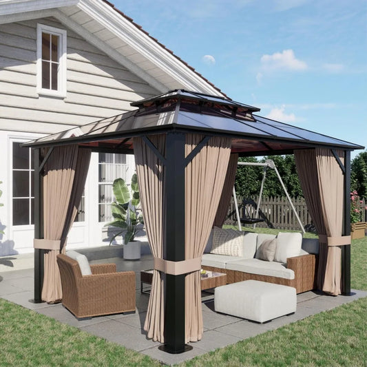 10’x12’ Hardtop Gazebo, Double Roof Patio Pergola with Polycarbonate Panels, Aluminum Frame