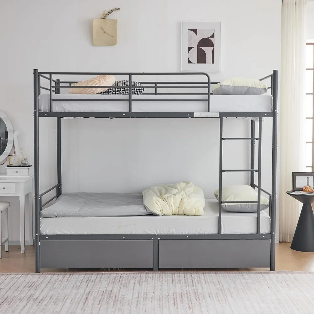 White Bunk Bed Twin Over Twin with 2 Storage Drawers, Metal Bunk Bed with Built-in Ladder