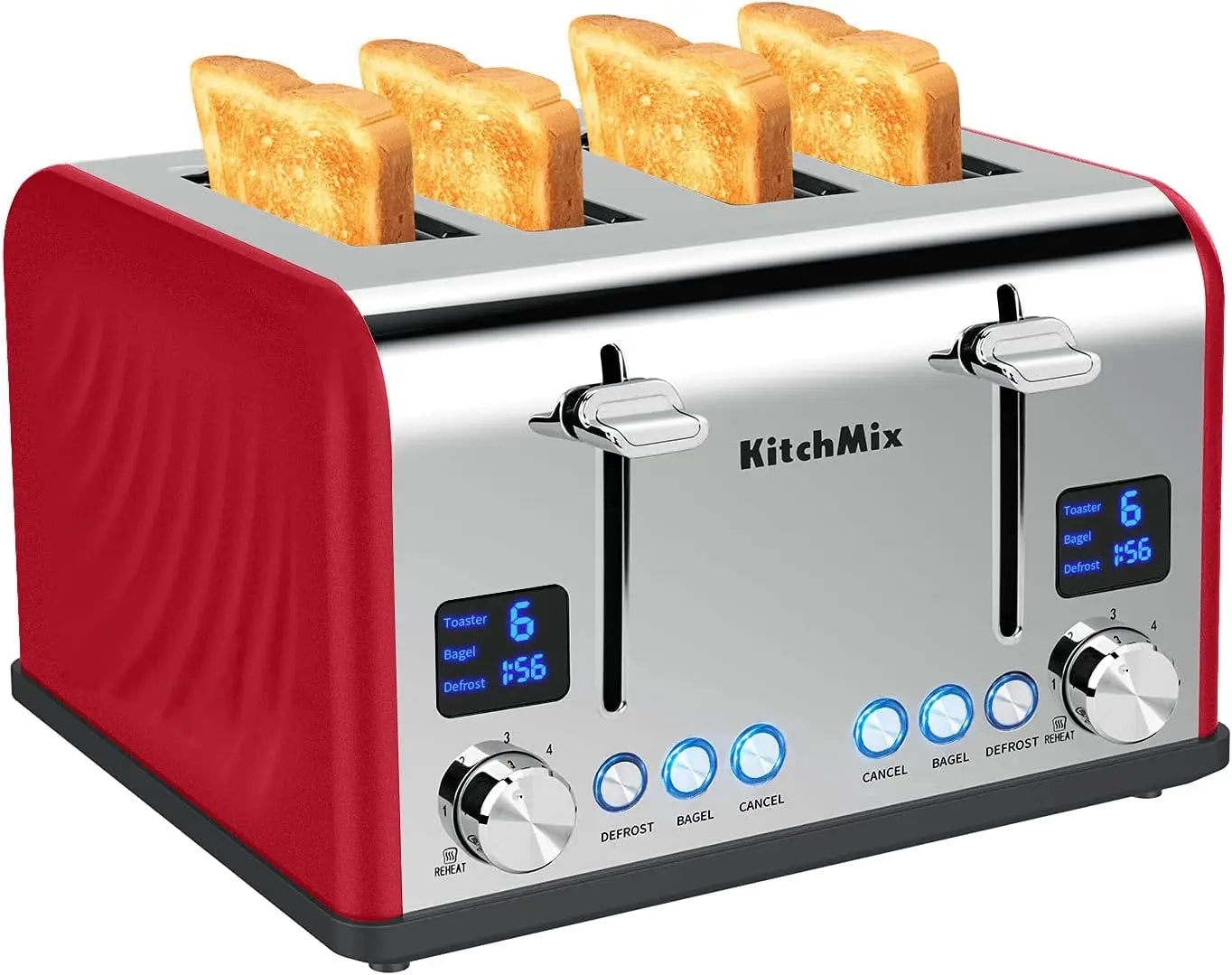 4 Slice, Kitch Mix Stainless Toaster w/ LCD Timer, Extra Wide Slots, Dual Screen, Removal Tray (Red)