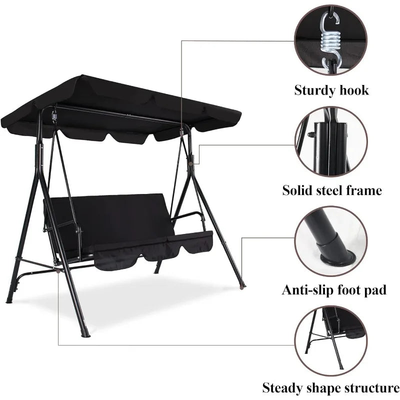 Raysfung 3-Seat Patio Swing Chairs w/Tilt Canopy & Durable Steel Frame Porch Swing Removable Cushion