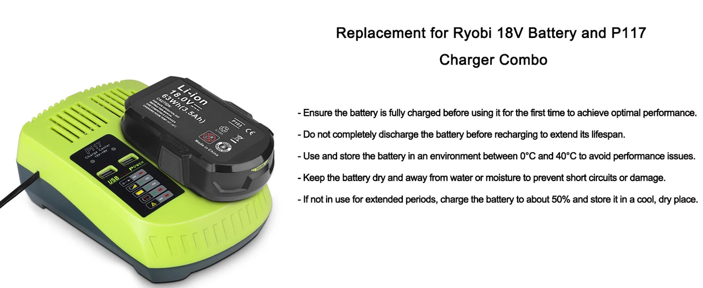 2 Pack 3.5Ah 18V Battery+Charger Combo/Ryobi ONE+ Battery P102 P103 P104 P105 P107 P109 P117 P190