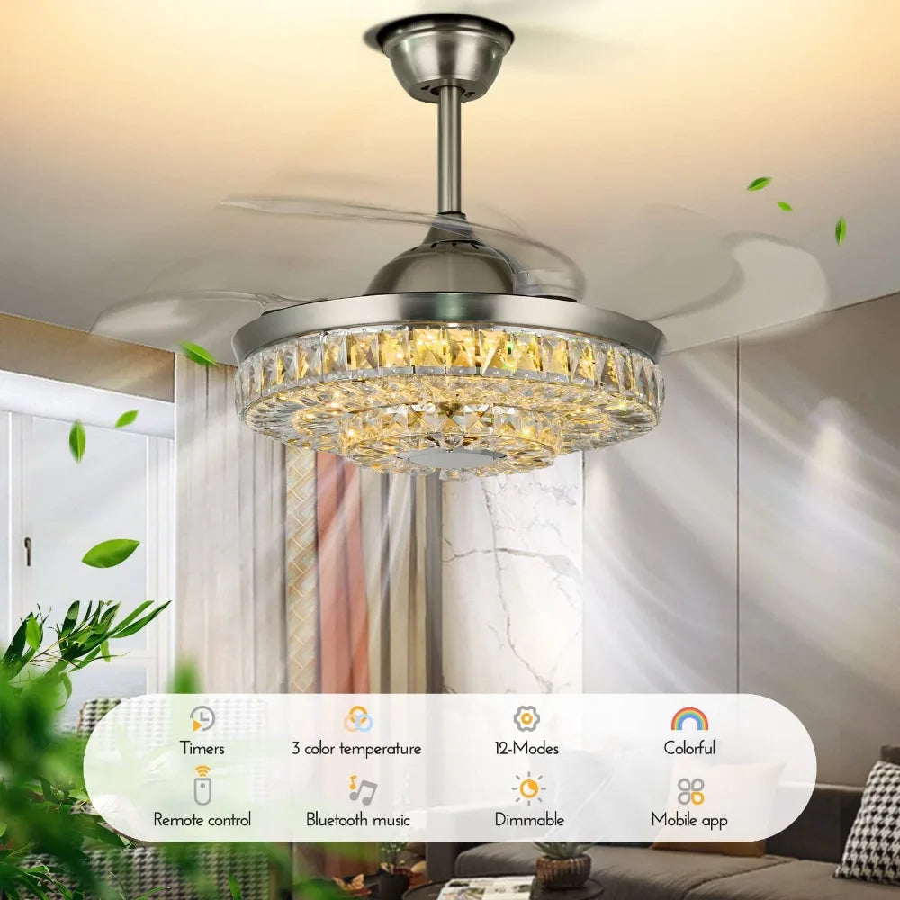 2024 New Modern Ceiling Fan with Light and Remote, Smart Bluetooth Fandelier RGB Colors Speaker