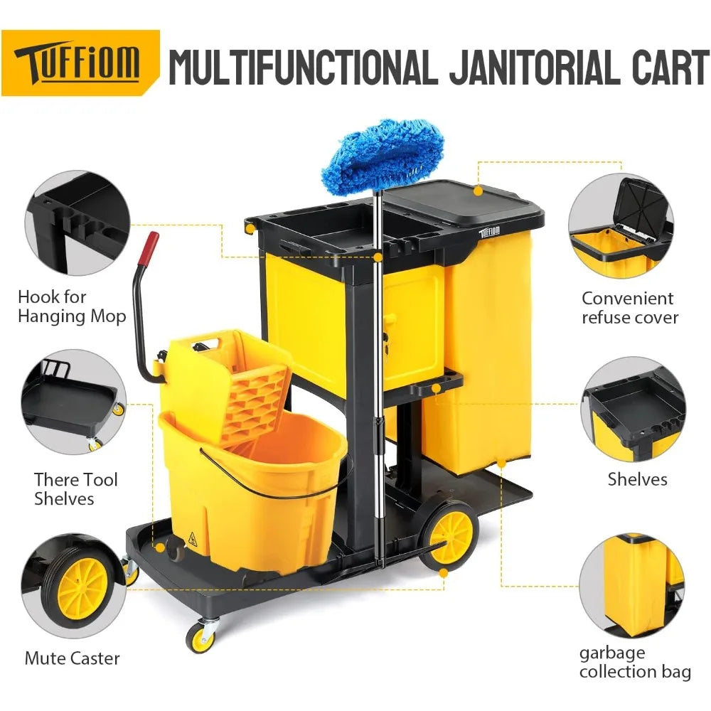 Janitorial Cart with Key-Locking Cabinet, 3-Shelf Commercial Cleaning Cart, Housekeeping Caddy