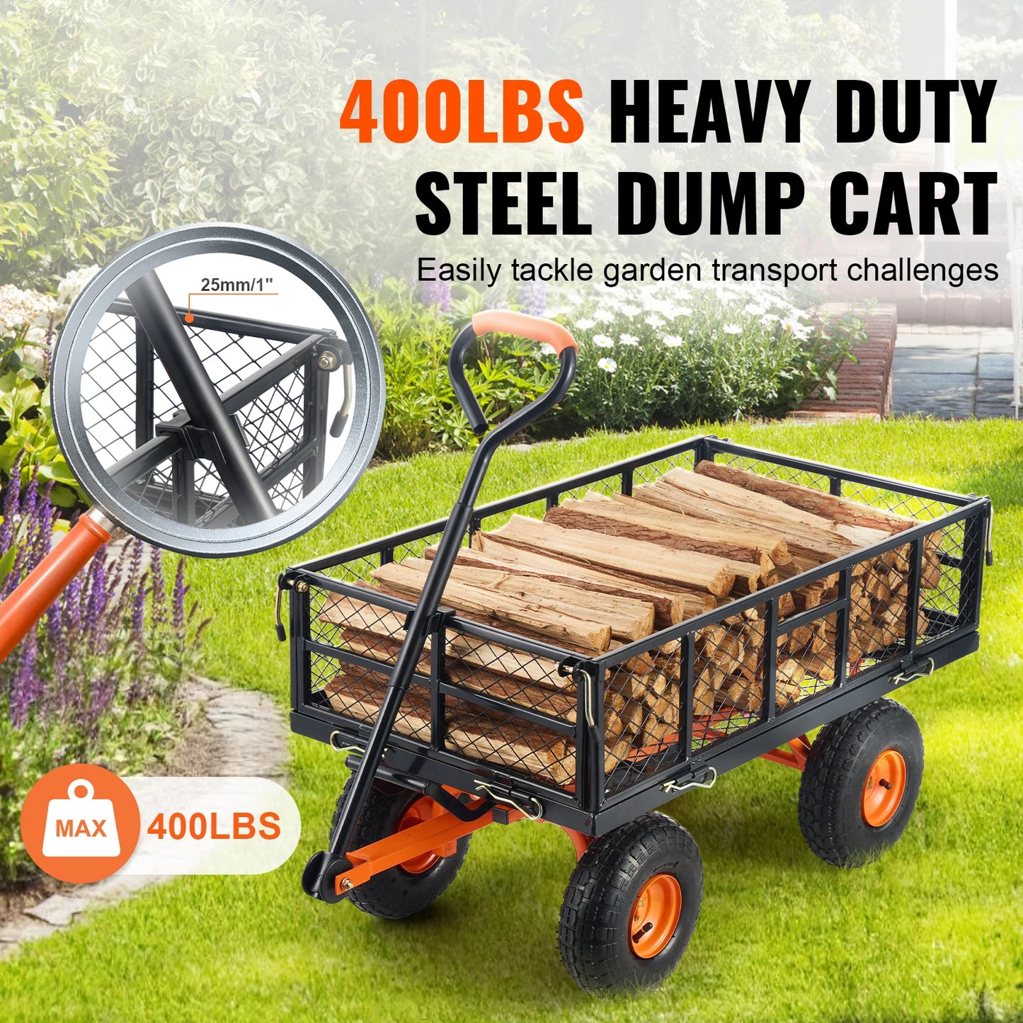 SucceBuy Garden Cart Sturdy Metal Utility Wagon Versatile Dump Cart Wheelbarrow 400/880lbs Capacity