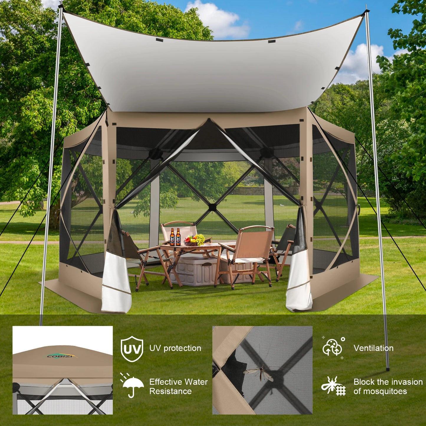 Pop Up Gazebo 12'x12' 6-Sided Screen House Tent for Camping, Instant Stargazing Gazebo Canopy
