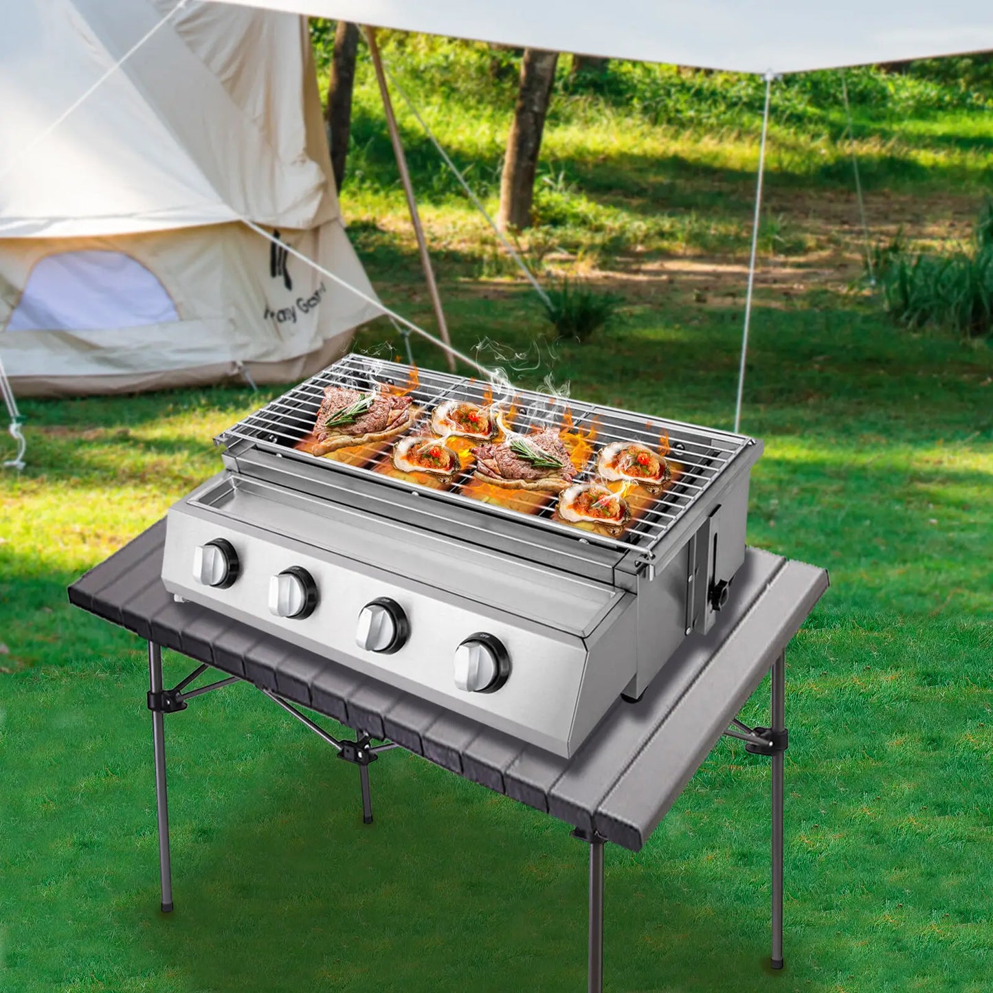 Outdoor Cooking Commercial Gas BBQ Grill W/ Stainless Steel Griddle 4 Burners