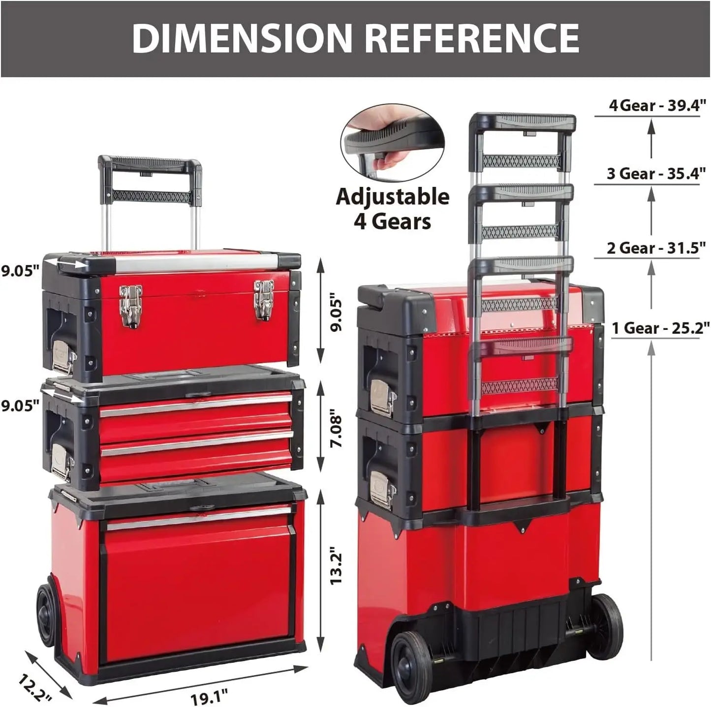 BIG RED Stackable Portable Metal Tool box Organizer w/Wheels and 2 Drawers, Rolling Tool Chest