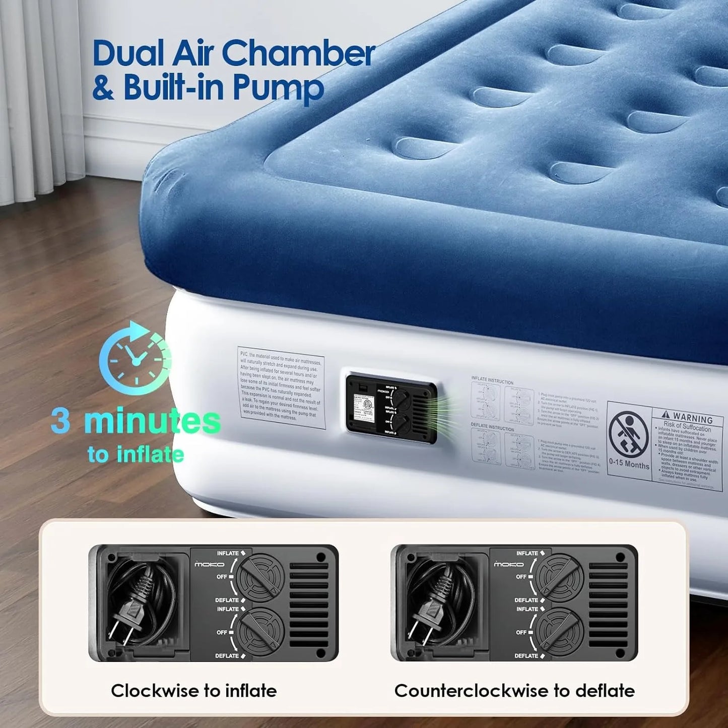 Air Mattress Queen w/Built in Pump, 18'' Luxury Inflatable Mattress, 3 Min Fast Blow up Mattress