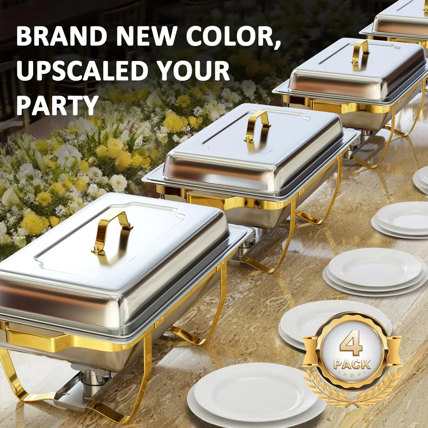Chafing Dishes for Buffet 4 Pack 7pan, 9QT [Elegant Gold and Silver Colors] Stainless Steel Durable