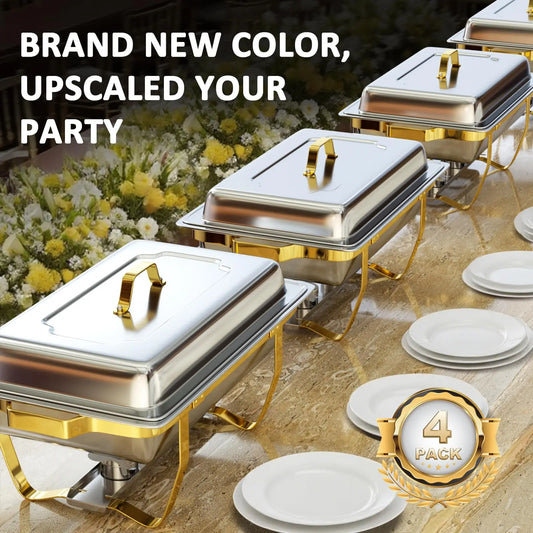 Chafing Dishes for Buffet 4 Pack 7pan, 9QT [Elegant Gold and Silver Colors] Stainless Steel Durable