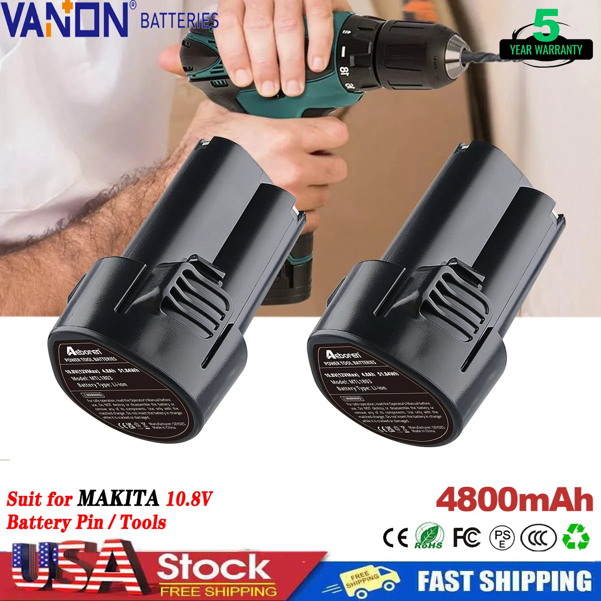 VANON 1/2/4 Pack 4.8Ah Li-ion BL1013 Makita Battery BL1014 194550-6 194551-4 195332-9