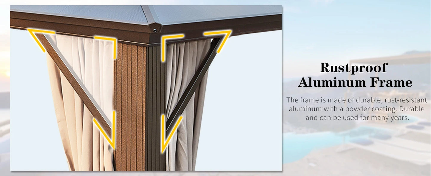 10'x13' Hardtop Gazebo, Outdoor Polycarbonate Double Roof Canopy, Aluminum Frame Permanent Pavilion