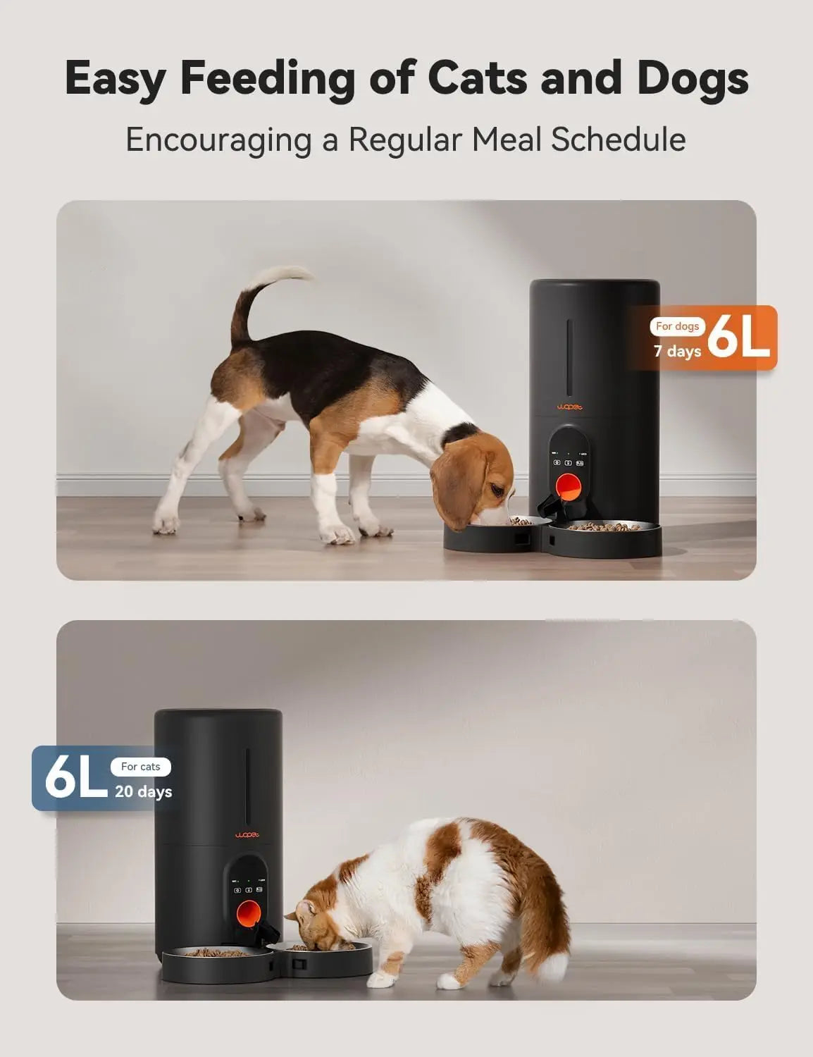 Automatic Feeder 5G WiFi Pet Feeder for Two Cats or Dogs with Remote Control 6L with Low Food Sensor