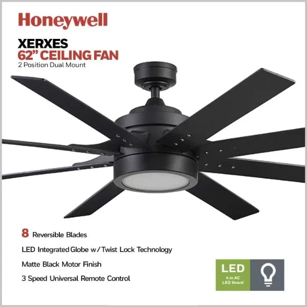 Honeywell Xerxes, 62 Inch LED Ceiling Fan with Light and Remote Control, 8 Blades with Dual Finish