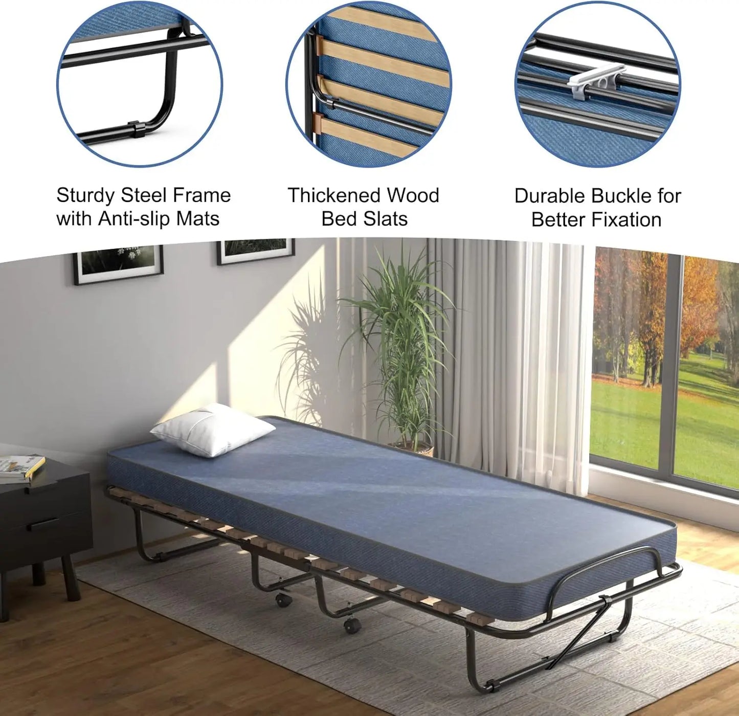 Folding Bed with Mattress for Adults, Rollaway Guest Beds w/Memory Foam Mattress & Metal Frame,