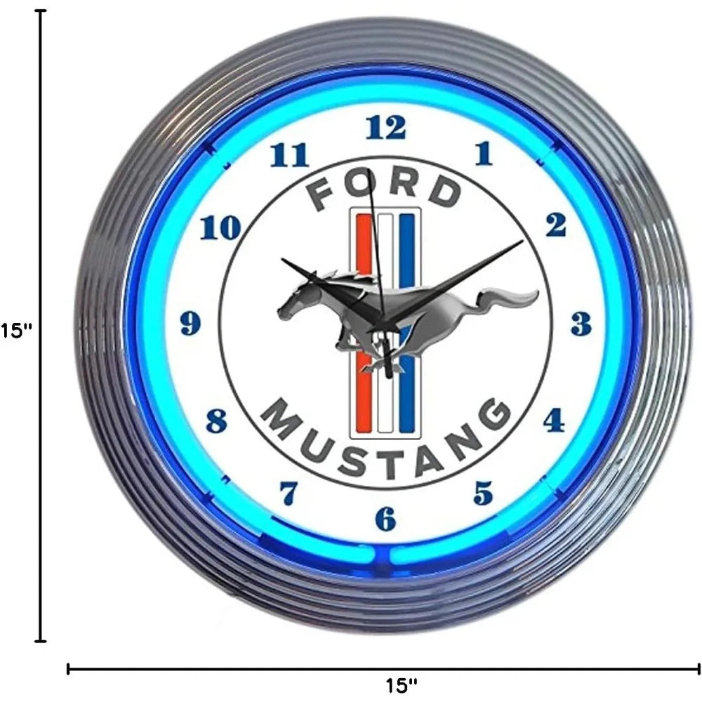 Blue Mustang-Themed Neon Wall Clock, 15-Inch, Classic Car Enthusiast Decor, Timepiece