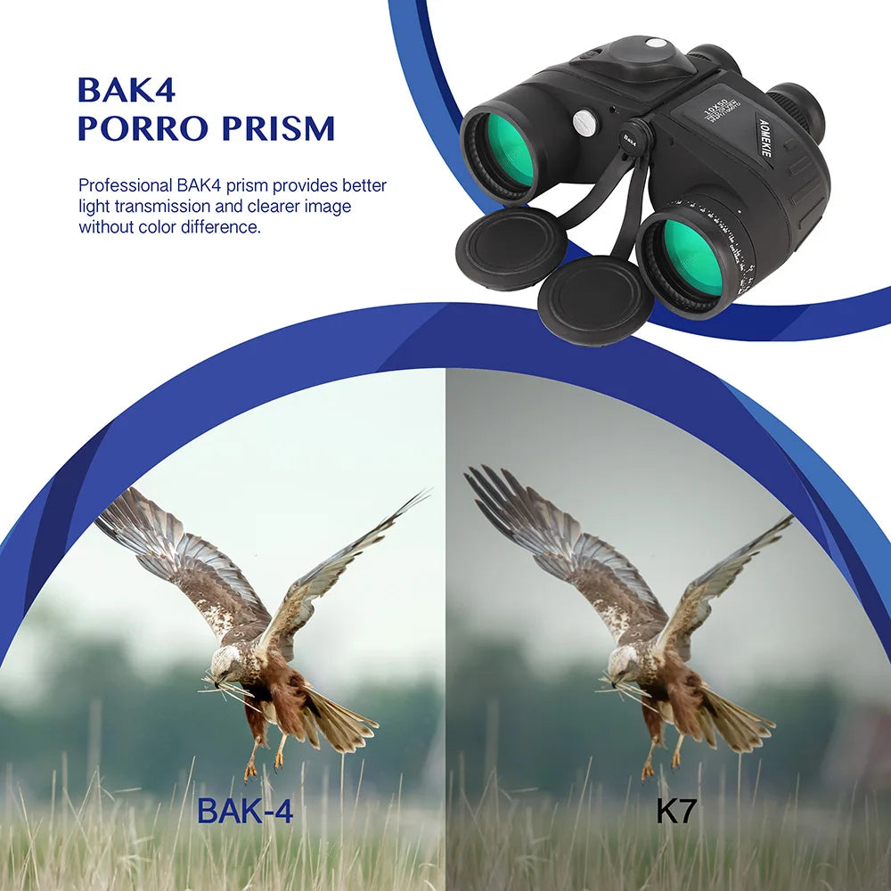 10x50 Binoculars for Adults Marine Military Binoculars Waterproof W/ Rangefinder Compass BAK4