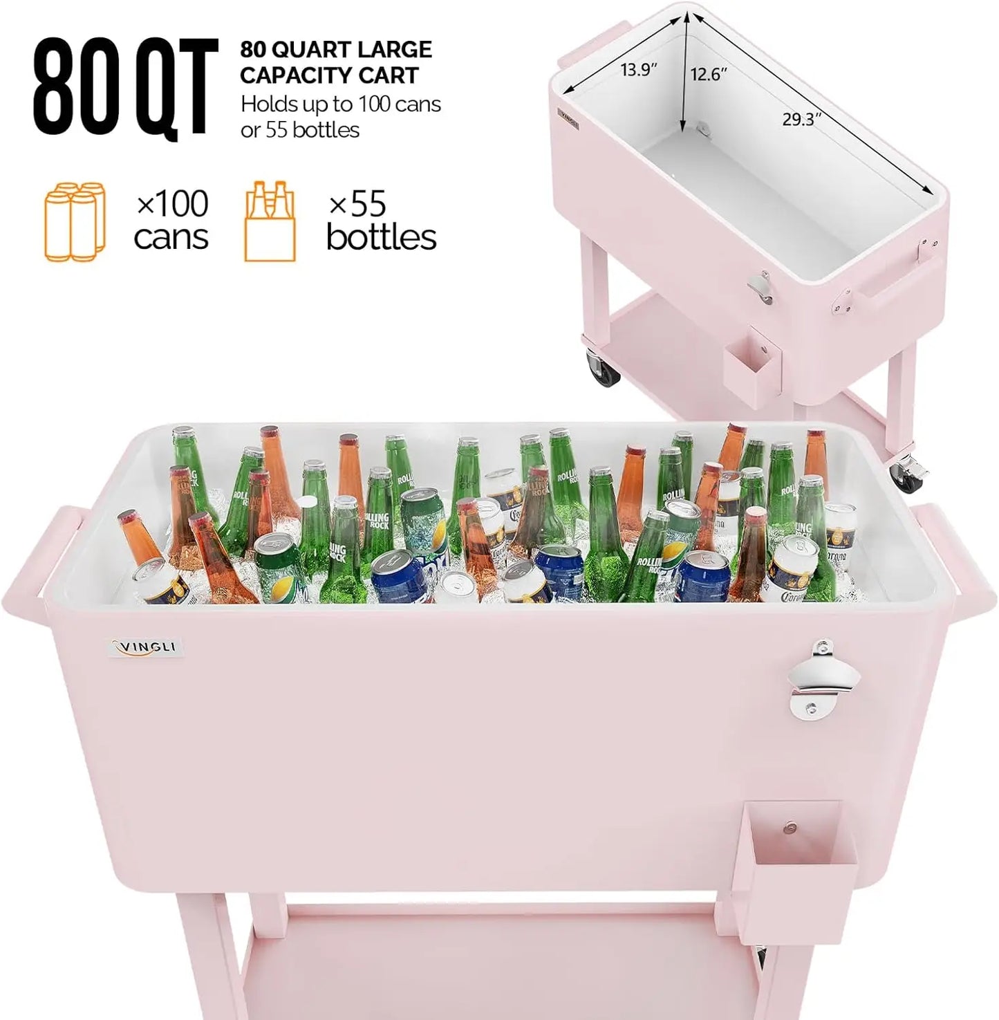 VINGLI 80 Quart Rolling Ice Chest, Portable Patio Party Bar Drink Cooler Cart,w/Shelf, Bottle Opener