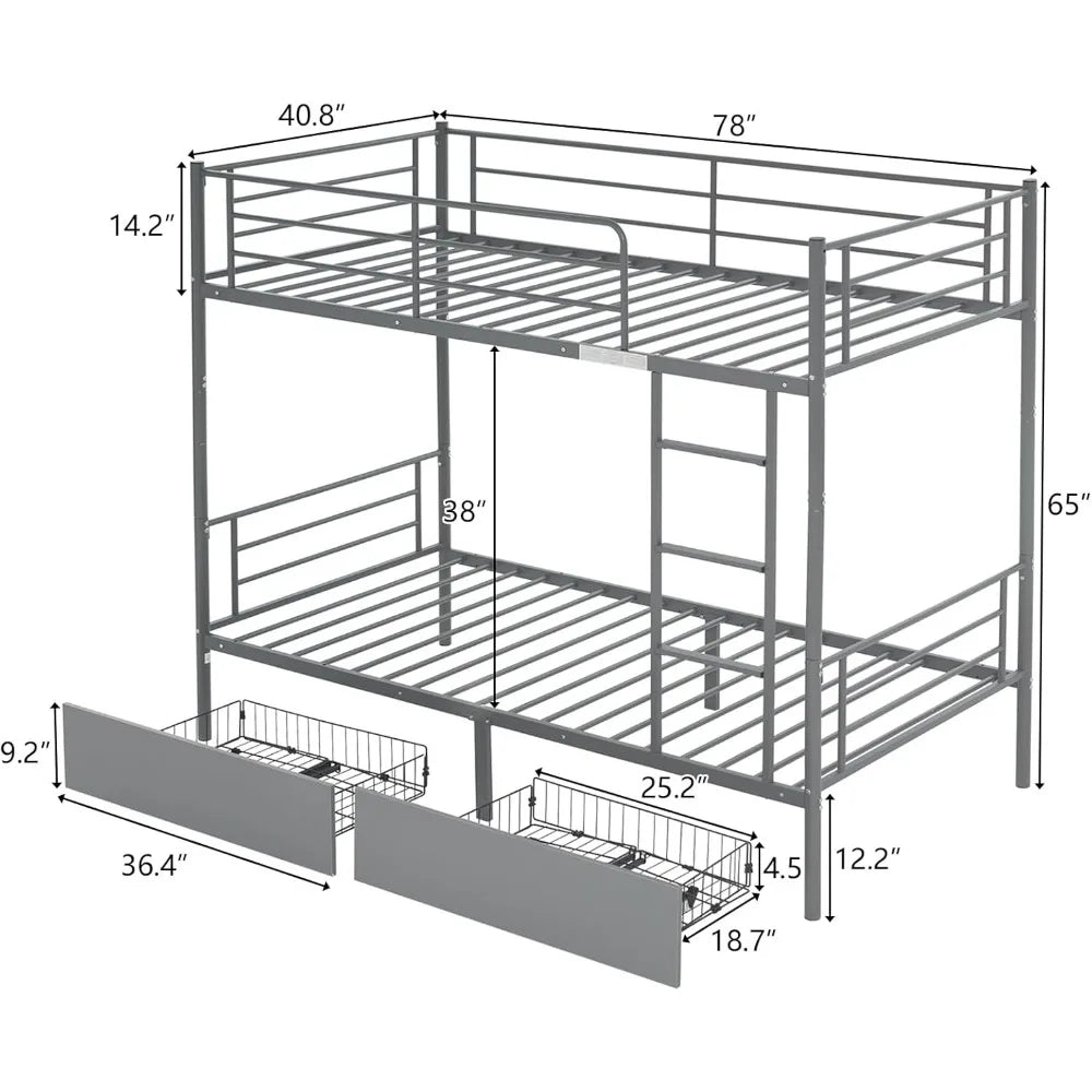 White Bunk Bed Twin Over Twin with 2 Storage Drawers, Metal Bunk Bed with Built-in Ladder