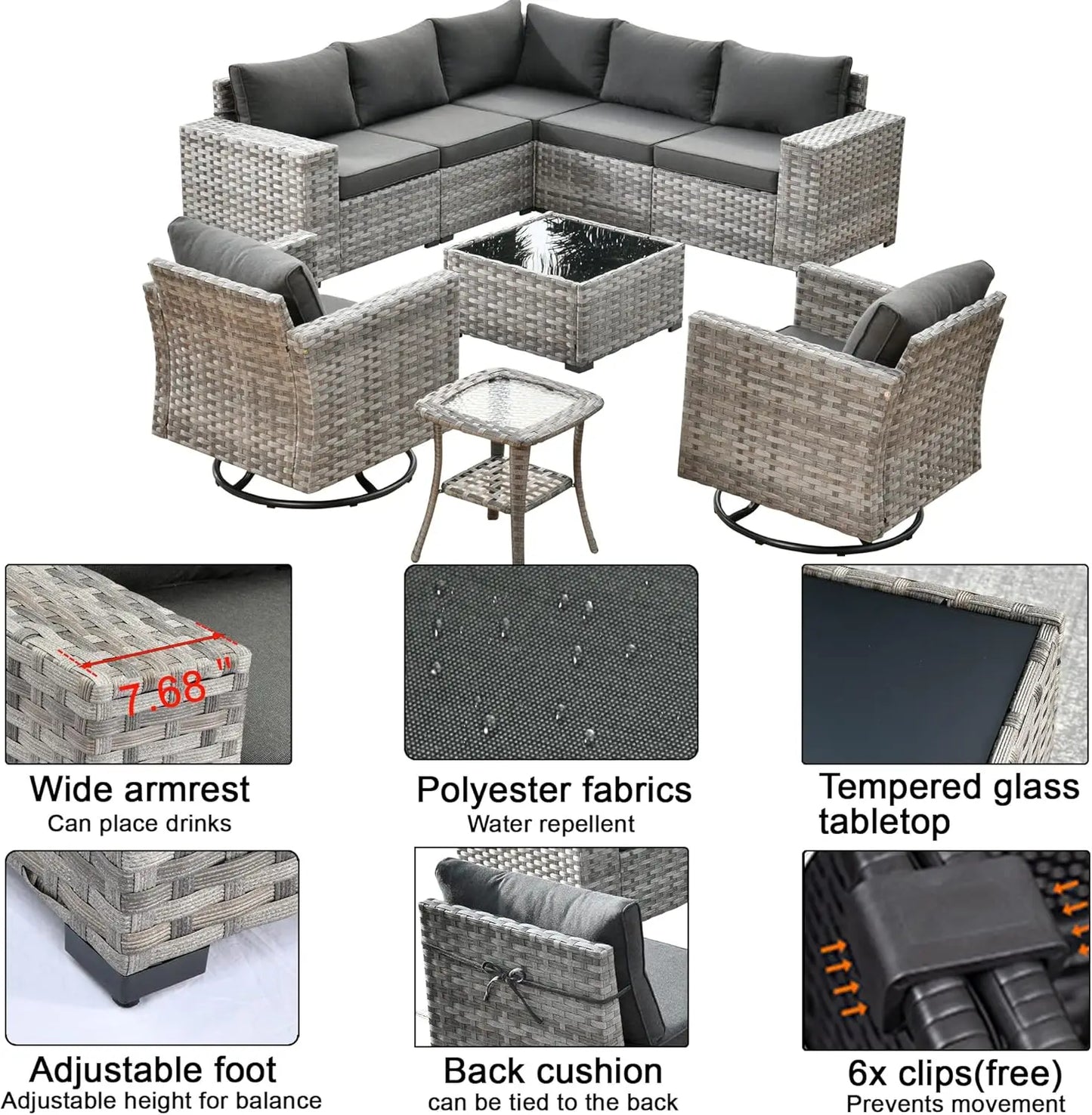 Patio Furniture Set Outdoor Sectional Sofa w/Swivel Rocking Chairs,PE Wicker Conversation Couch