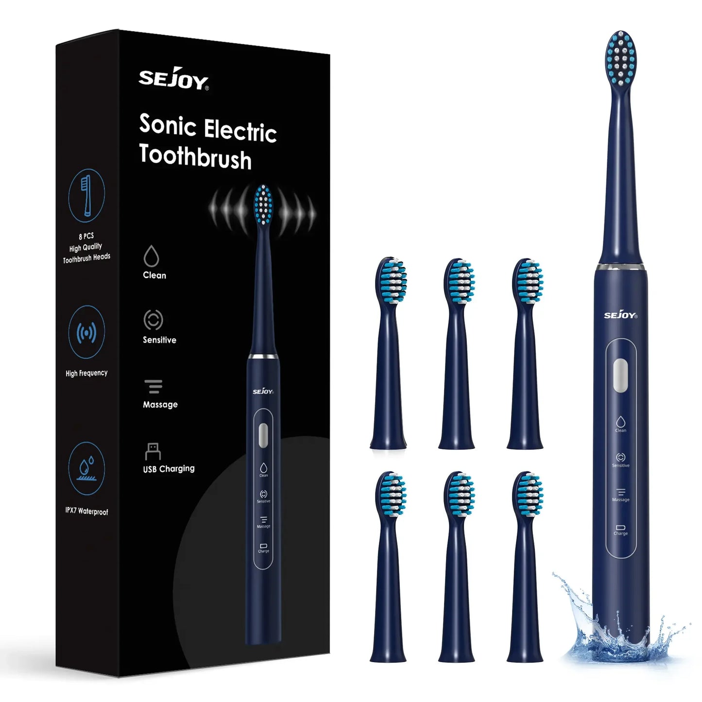 Sejoy Sonic Rechargeable Electric Toothbrush 8 Brush Heads Wireless Charging 5 Modes Smart Timer